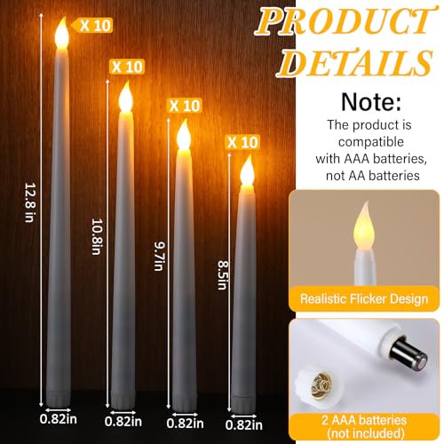 Image of Tuanse 40 Pcs Flameless Taper Candles LED Battery Operated 12.8 inch 10.8 inch 9.7 inch 8.5 inch Fake Waxy Candle Flickering Taper Candlestick for Church Wedding Halloween Christmas Party Decor, No Battery(White)