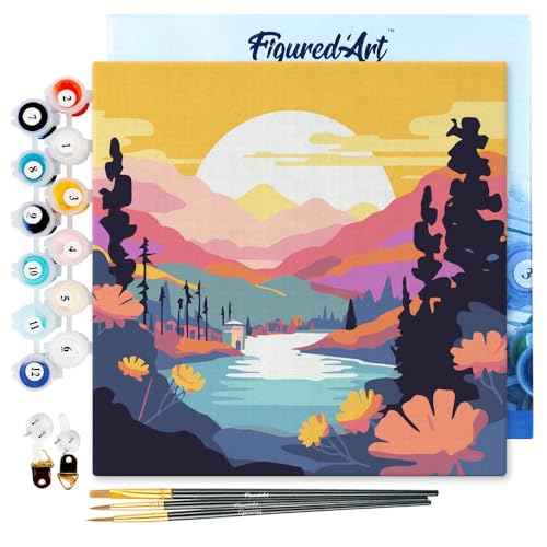 Mini Peinture par Numéros 20x20cm avec cadre Coucher de Soleil Coloré au Bord du Lac