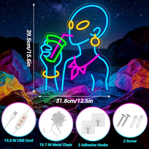 Image of Drinking Neon Signs for Wall Decor, Boho Figure LED Wall Art for Home Bar Decor, USB Dimmable Neon Lights, Housewarming, Birthday, Christmas Gift (Alien Blue)