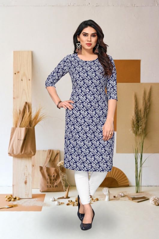 Image of JAKHANA Women's Crepe Printed Casual Straight Calf Length Round Nick Kurta Pack of 4