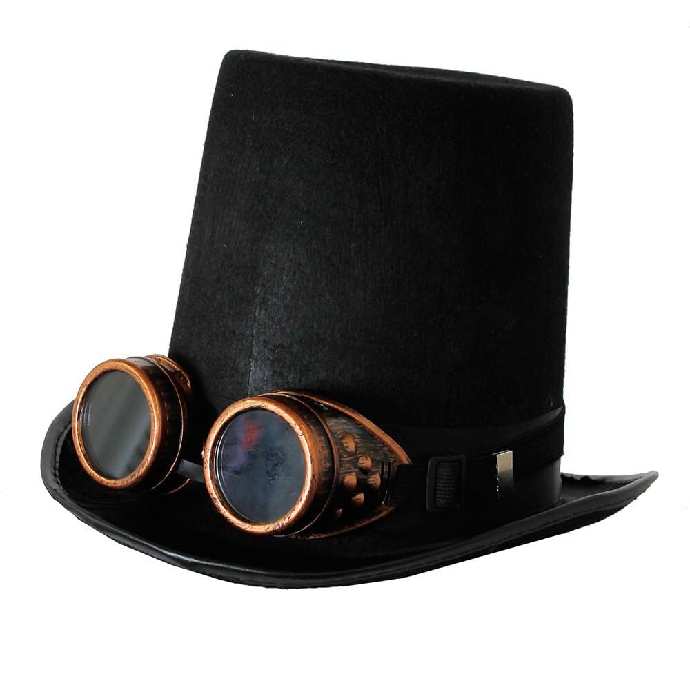 Steampunk Black Stovepipe 20cm Tall Hat with Goggles - Adults Gothic Fancy Dress Victorian Accessory Festival Halloween - Bronze — image 1