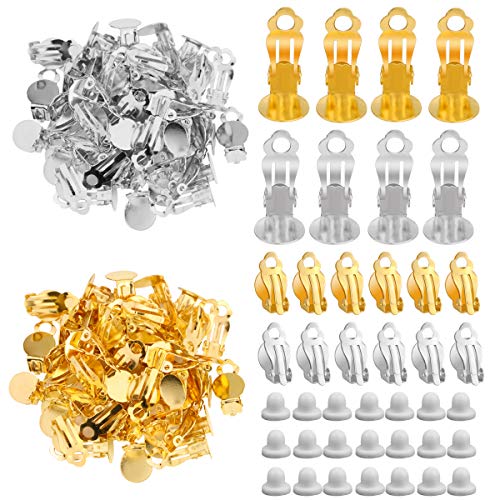 Fireboomoon 200 PCS Round Flat Back Tray Earring Clips and 200 PCS Earring Findings Base Pad for Non-Pierced Ears Earring Jewelry DIY Making (Gold and Silver,17 x 10 mm)