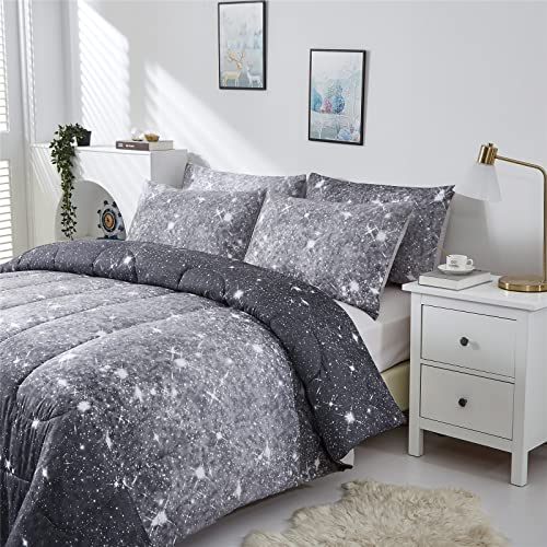 Kiddiku Grey Glitter Comforter Set Twin Size For Boys Teen, Sparkle Galaxy Twinkle Starlight Comforter For Kids Adult, 2 Piece Black Grey Ombre Bedding Set With 1 Pillow Case(Grey,Twin) #TOP2