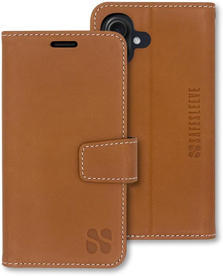 SafeSleeve Wallet Leather Case for iPhone 16 Plus EMF Blocker for Cell Phone with 3 Card Holder & Adjustable Stand – Magnetic Closure, and Magnetic Folio Protection for Daily Use (Leather)