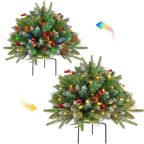 2 Pack Christmas Tree Urn Filler, Battery Operated with Timer, Pre-lit Warm White & Multi-Color Changing LED Lights, 21in Artificial Xmas Tree for Porch, Pathway, Yard, Outdoor Holiday Decoration