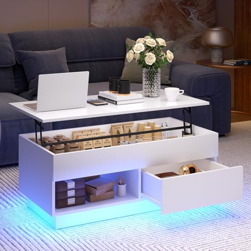 HOMMPA Mesa de centro elevable con almacenamiento LED mesa de centro Morden de alto brillo para sala de estar de 3 niveles, moderna mesa de té con mesas centrales de almacenamiento, compartimento