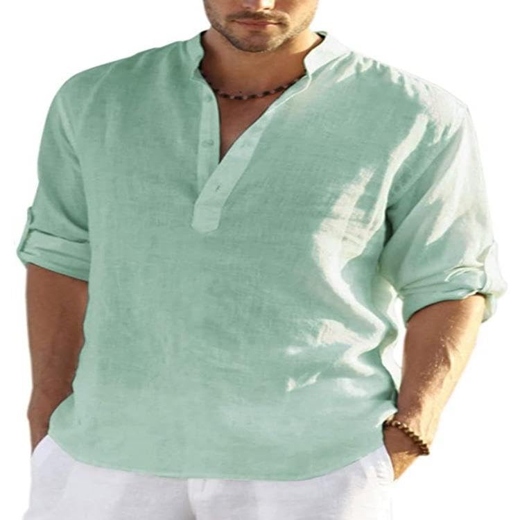 Men's Linen Casual Shirts Long Sleeve Longline Kurta Beach Shirts (in, Alpha, L, Regular, Light Green)