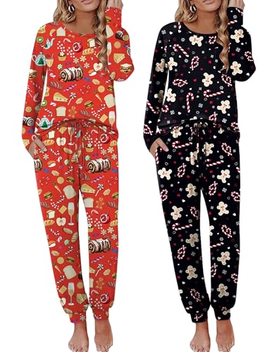 Image of Ekouaer 2 Pack Womens Pajama Sets Long Sleeve Pjs Soft Comfy Lounge Set