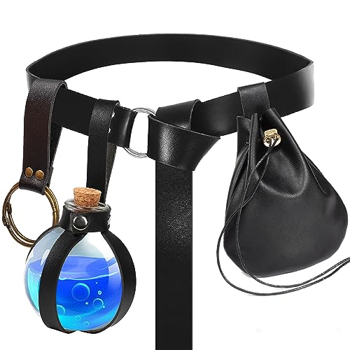 SUMGOGO 4 Pcs Halloween Renaissance Belt Pouch Witch Bottle Skirt Hikes Medieval Viking Pirate Leather Belt Costume Set (Black)