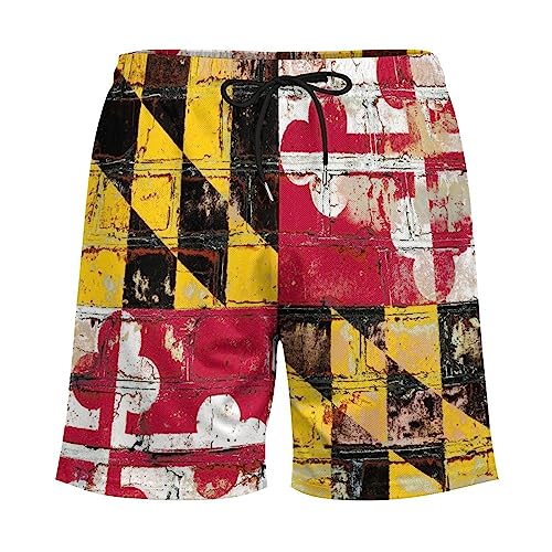 Maryland State Flag on Brick Wall Men's Swim Trunks Board Shorts with Compression Liner and Pocket Bathing Suits4