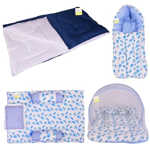 Image of Kwitchy New Born Bedding Combo of Baby Mattress with Net | Gaddi Set | Comforter (0-6 Months) Blue (4PCS Set)