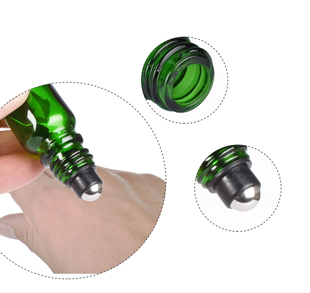 6 botellas de 30 ml vacías de recambio de vidrio verde para muestras de aceite esencial con bolas de rodillo de metal y tapa negra, para cosméticos, aromaterapia, perfumes, bálsamos labiales