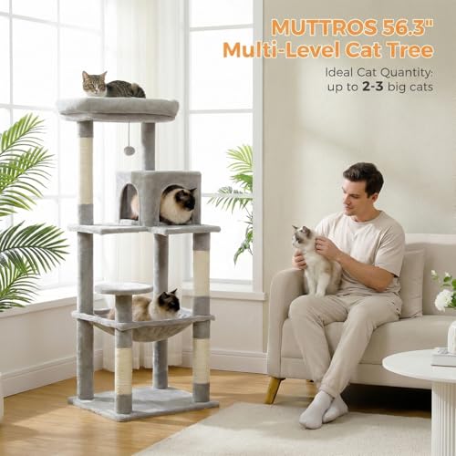 Image of MUTTROS Cat Tree for Large Cats Adult with Metal Plush Big Hammock, 56.3 inch Cat Tower with 2 Door Condo House, 6-Tier Cat Shelves with Scratching Posts and Large Top Perch, Gray