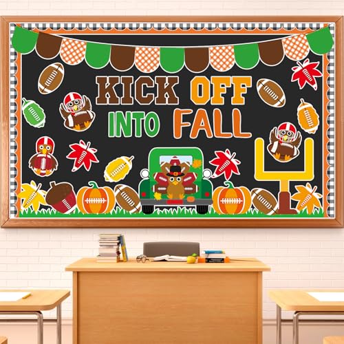 Image of Fall Football Bulletin Board Kick Off into Fall Bulletin Border Autumn Turkey Maple Leaves Pumpkin Cutouts Thanksgiving Theme Sport Bulletin Decorations Set for School Classroom Home Window Wall Decor