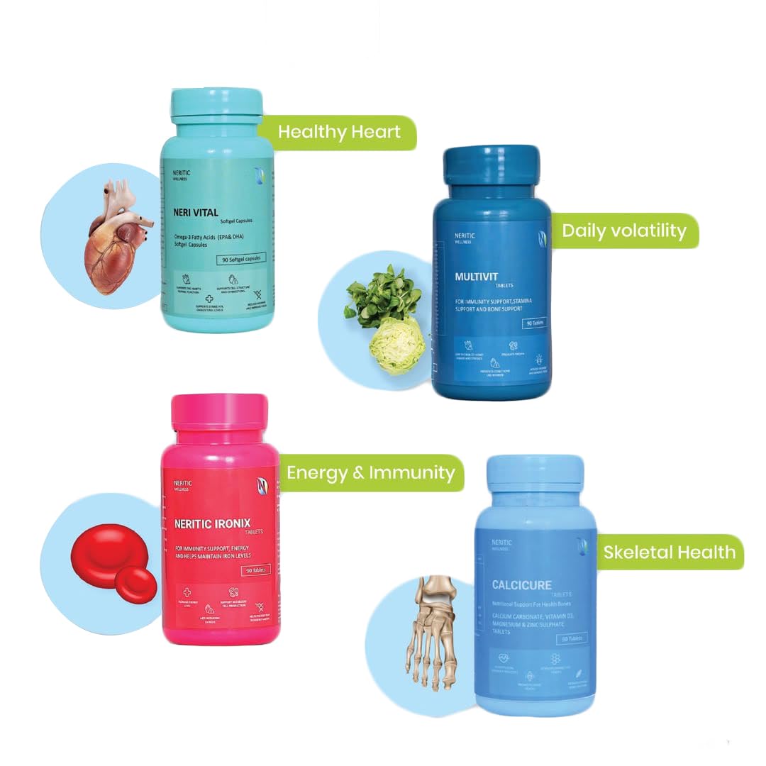 Neritic Wellnes Health Supplement Combo Package | Healthy Lifestyle | Supports Bone Health| Boosts Energy | Enhances Immunity | Promotes Heart and Brain Function - 90 Tablets/Capsules (Pack of 4) Neritic Wellnes Health Supplement Combo Package | Healthy Lifestyle | Supports Bone Health| Boosts Energy | Enhances Immunity | Promotes Heart and Brain Function - 90 Tablets/Capsules (Pack of 4)