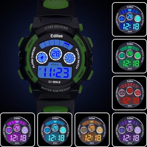 Edillas Kids Watches Boys Digital, 7 Colors LED Lights 50M Waterproof Wristwatches for Children Students Teenagers Sport Outdoor Multifunctional with Stopwatch/Alarm Ages 7-153