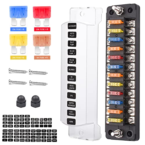 12-Way 12V Fuse Box Blade, 12-Volt Fuseholder, No LED Indicator, Moisture Resistant Cover - with Ground Bus 12-Way Independent Positive Fuseholder for 12V/24V Cars, Car Trucks, Boats, Marine Vehicles