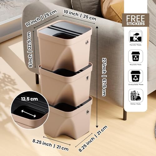 Image of 10L Dustbin with Lid | Beige | Pack of 3 | Multipurpose Garbage Bin for Kitchen, Home & Office | Wet & Dry Waste Basket for Food Waste, Recycling & Indoor Outdoor Use