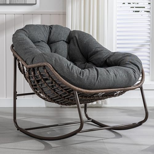 KEIKI Oversized Patio Lounge Chair-Outdoor Rattan Egg Reading Chair, Indoor Padded Cushion Papasan Rocking Chair W/Steel Frame, Porch Rocker Chairs Furniture for Garden Lawn, Grey Spun-Polyester KEIKI Oversized Patio Lounge Chair-Outdoor Rattan Egg Reading Chair, Indoor Padded Cushion Papasan Rocking Chair W/Steel Frame, Porch Rocker Chairs Furniture for Garden Lawn, Grey Spun-Polyester