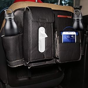 AllExtreme EXCBHB2 Universal PU Leather Auto Car Seat Back Storage Deluxe Organizer Bag with Tissue Holder, Mobile & Bottle Drinks Pockets Travel Multi Pocket Box for SUV (Black)