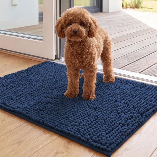 Image of H.VERSAILTEX Dog Door Mat for Muddy Paws Absorbent Dirt Trapper Non Slip Quick Dry Washable Chenille Mats for Dogs Entry Rug for Indoor Outdoor (Navy, 17 inch x 24 inch)