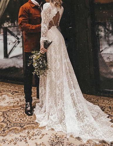 V Neck Court Train Long Sleeve Wedding Dresses A-Line Boho Open Back Bridal Gown Reception Dresses Appliques 20243
