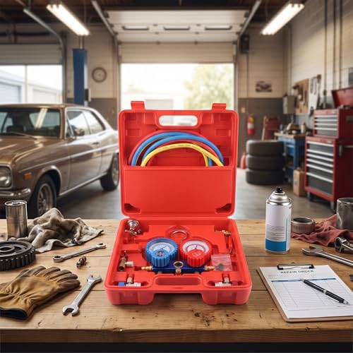 Kit de Manomètre pour R134A, Tuyau avec Jauge de Pression et Crochet, Longueur 1,5 m, Compatible avec Systèmes AC Automobiles