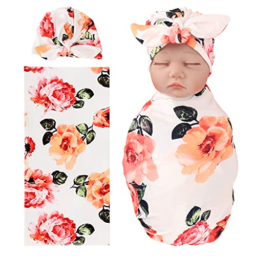 Image of DRESHOW BQUBO 1 Pack Newborn Floral Toddler Warm Receiving Blankets Floral Printed Newborn Baby Swaddling Hats