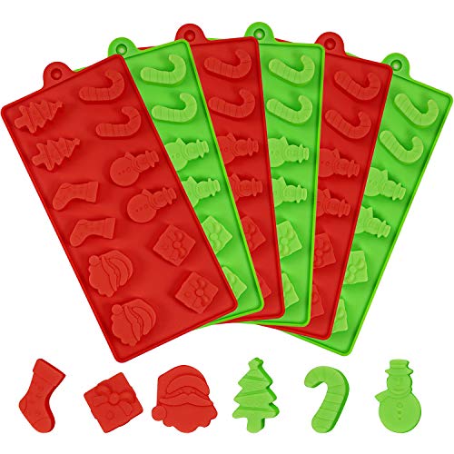 Aneco 6 Pieces Christmas Silicone Cake Chocolate Candy Molds Set Non Stick Candy Molds Cookies Baking Trays Pan with Christmas Elements Shapes for Party Decoration, 2 Colors