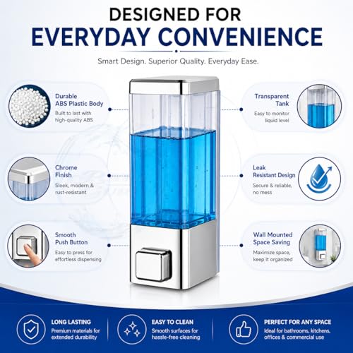 Image of BATH GURU Wall Mounted Soap Dispenser 350ml (Pack of 4) | Manual Liquid Soap, Sanitizer & Hand Wash Dispenser | ABS Plastic Shampoo Conditioner Dishwash Dispenser for Bathroom, Kitchen | Chrome Finish