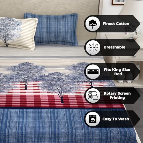 Image of Story@Home Bedsheet for King Size Bed Fine Cotton Luxurious Soft Comfort Tree Pattern King Size Bedsheet & 2 Pillow Covers - (270 X 270 Cm) Blue & Cream | Perfect for Diwali Gifting-260 TC