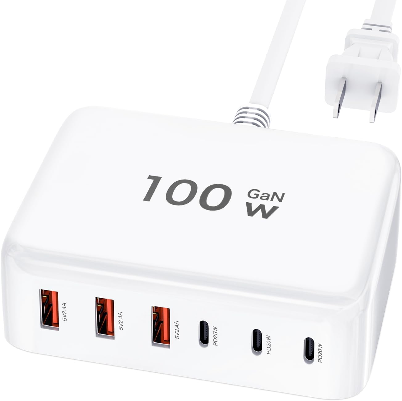 USB C Fast Charger 100W GaN 6 Port Charging Station USB Charger Block Portable Wall Charger Power Strip Adapter Plug Cube 3PD USB C+3QC USB A for iPad i-Phone 16/15/14/13/12 Pro Max Galaxy Pixel