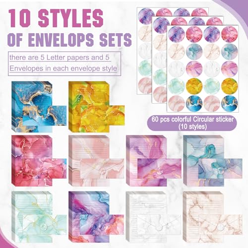 Image of TaoBary 160 Pcs Stationery Paper Set 50 Double Sided Stationery Papers with 50 Matching Envelopes and 60 Round Dot Sticker, 10 Design(Marble,8.5 x 11 Inch)