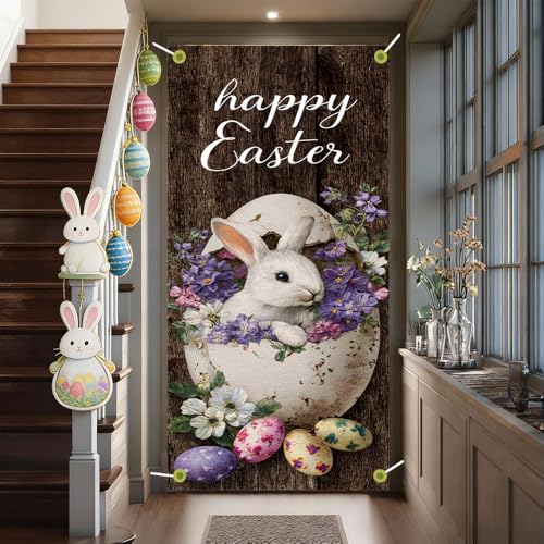 Image of Happy Easter Door Cover Rustic Wood Bunny Banner Vintage Eggs Spring Front Door Decorations Home Party Outdoor Decor 35.4x71 Inch