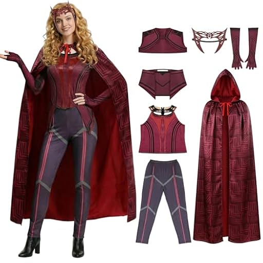 SINSEN Disfraz de Wanda Maximoff para mujer, disfraz de Bruja Escarlata, pantalón, capa, tocado para fiesta de Halloween, carnaval, talla L | Ya disponible en tu tienda friki favorita! En mundofriki.es!