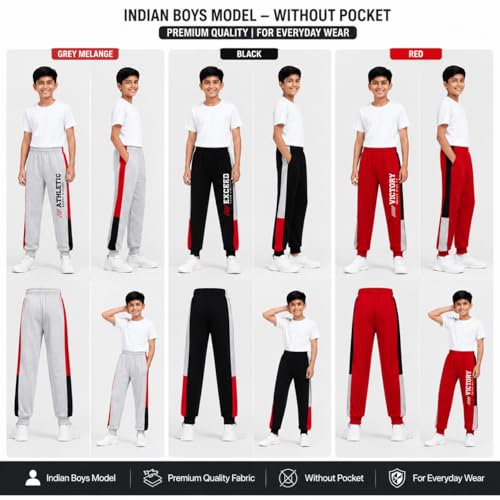 Image of Boys Jogger Track Pants, Pack of 3, Grey, Black and Red, Graphic Print, Athletic Sports Wear