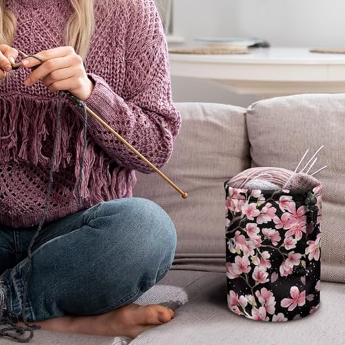 Image of Sellikakes Cherry Blossom Yarn Bag Organizer, Crochet Storage Case Round Knit Skein Ball Basket Crochet Supplies Accessories Organizer Store Skein Ball Short Knitting Needles