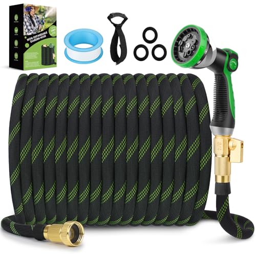Garden Hose 100 ft, NON-EXPANDABLE Ultra Lightweight & Flexible Water Hose With 10-Pattern Spray Nozzle, Kink-Resistant, Leak-Proof, 3750D High-Density Fabric & Shut-Off Valve, Hose Straps