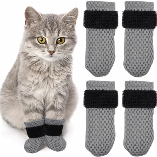 JEYORZY 4 Stück verstellbare Katzenschuhe aus Netzstoff, Atmungsaktiv Katzenpfotenschutz, Katzenstiefel zum Baden von Haustieren, Schneiden von Nägeln, Überprüfen-Grau-S