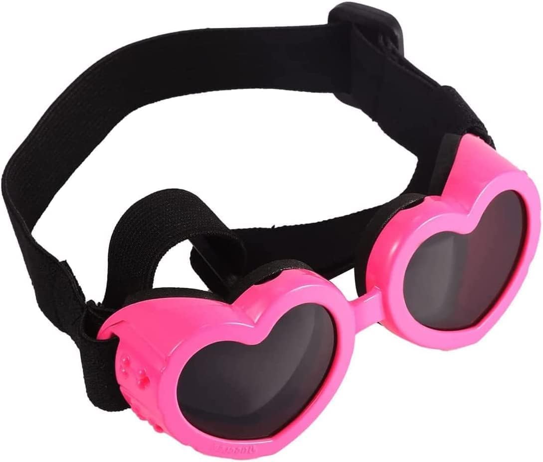 MEISO Occhiali per Cani, Occhiali da Sole Cani a Cuore con Cinturini Regolabili, Antivento, Anti Spruzzi, Anti Vento, Accessori Cani Domestici per Cani Taglia Piccola