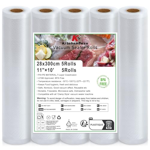 KitchenBoss Bolsas Envasar al Vacio：Bolsas Vacio Alimentos 5 Rollos 28x300cm, Rollos Envasadora al Vacio Adecuado para sous vide, sellador al vacío y Microondas