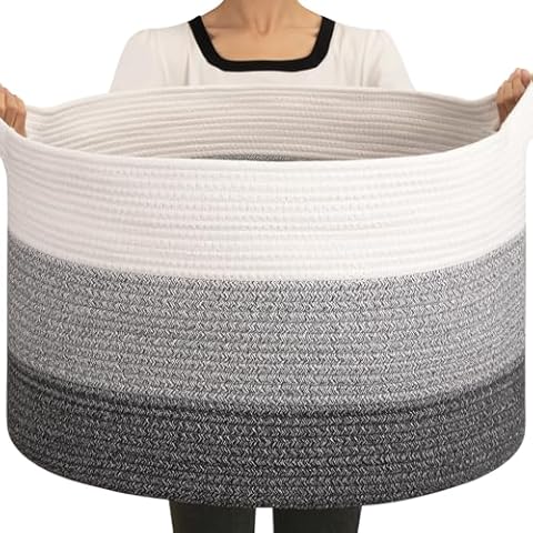 OIAHOMY Extra Large Storage Basket, 23" x 13" Woven Blanket Basket for Living Room, Round Woven Basket for Clothes, Laundry Basket for Pillow-Gradient Grey Cover
