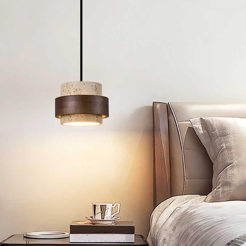 Lampadario nordico con paralume in pietra naturale in stile giapponese finitura in legno massello Lampada a sospensione a soffitto for soggiorno, sala da pranzo, camera letto, comodino, lampada a a