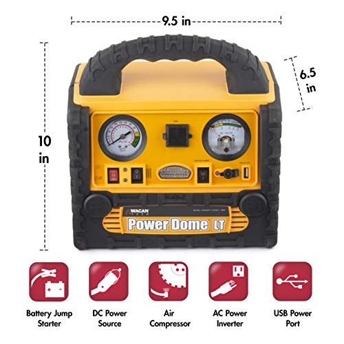 Wagan EL2464 Power Dome LT Auto 300 Peak Amp Jump Starter with 260 PSI Air Compressor, 200W Power Inverter, AC Receptacle, DC Sockets, USB Power Port, LED Worklight, Yellow