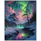 Lovepefe Snow Mountain Paint by Numbers Kit for Adults Beginner Waterfall Adult Paint by Number Kits On Canvas Mountain Oil Painting Kit for Adults Kits for Gift Home Wall Decor 16x20 Inch