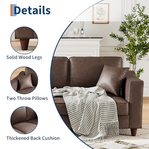 Faux Leather Couch with 2 Throw Pillows, Sofa Couches for Living Room, 3 Seater Sofa with Wide Armrests, Wood Legs, Deep Seats, Back Cushion, Sturdy Support Feet, for Office, Living Room, Dark Brown - Image 6