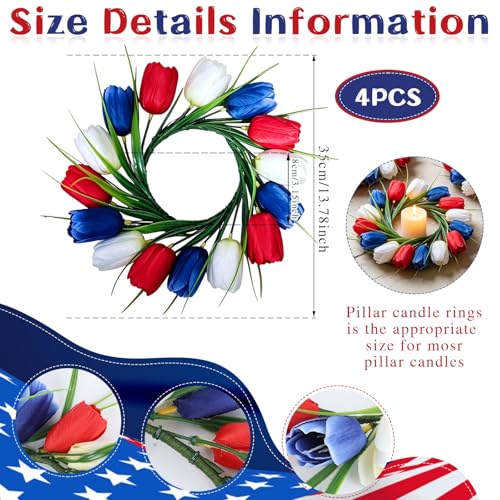 Image of 4 PCS 4th of July Candle Rings Wreaths Patriotic Tulip Silk Memorial Day American Flag Floral Candle Rings Holder with Red White and Blue Flower for Independence Day Labor Day Table Centerpiece Decor