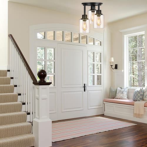 ROTTOGOON Semi Flush Mount Ceiling Light, 3-Light Close to Ceiling Light Fixtures, Matte Black Kitchen Light Fixtures with Clear Glass Shades, Hallway Light Fixtures Ceiling Mount for Foyer Entryway by ROTTOGOON - Used condition - Image 6
