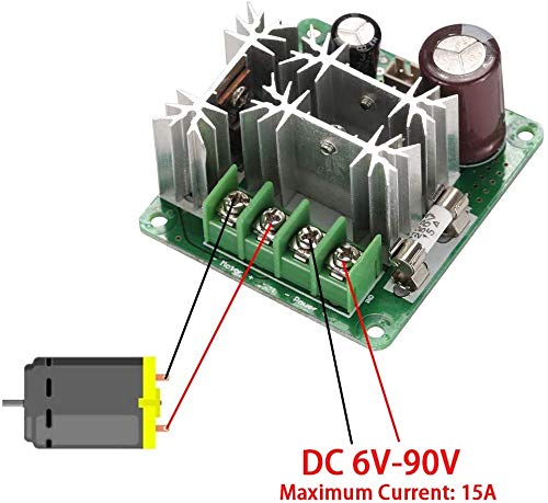 Z bliska view of the ONKYOU PWM DC Motor Speed Controller module, showing terminals and heatsinks.
