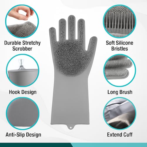 Image of Silicone Cleaning Gloves - Reusable Dishwashing Scrubber Gloves with Bristles - Waterproof, Non-Slip, Durable Kitchen Gloves for Washing Dishes, Car, Bathroom Cleaning (Grey, 2 Pair)